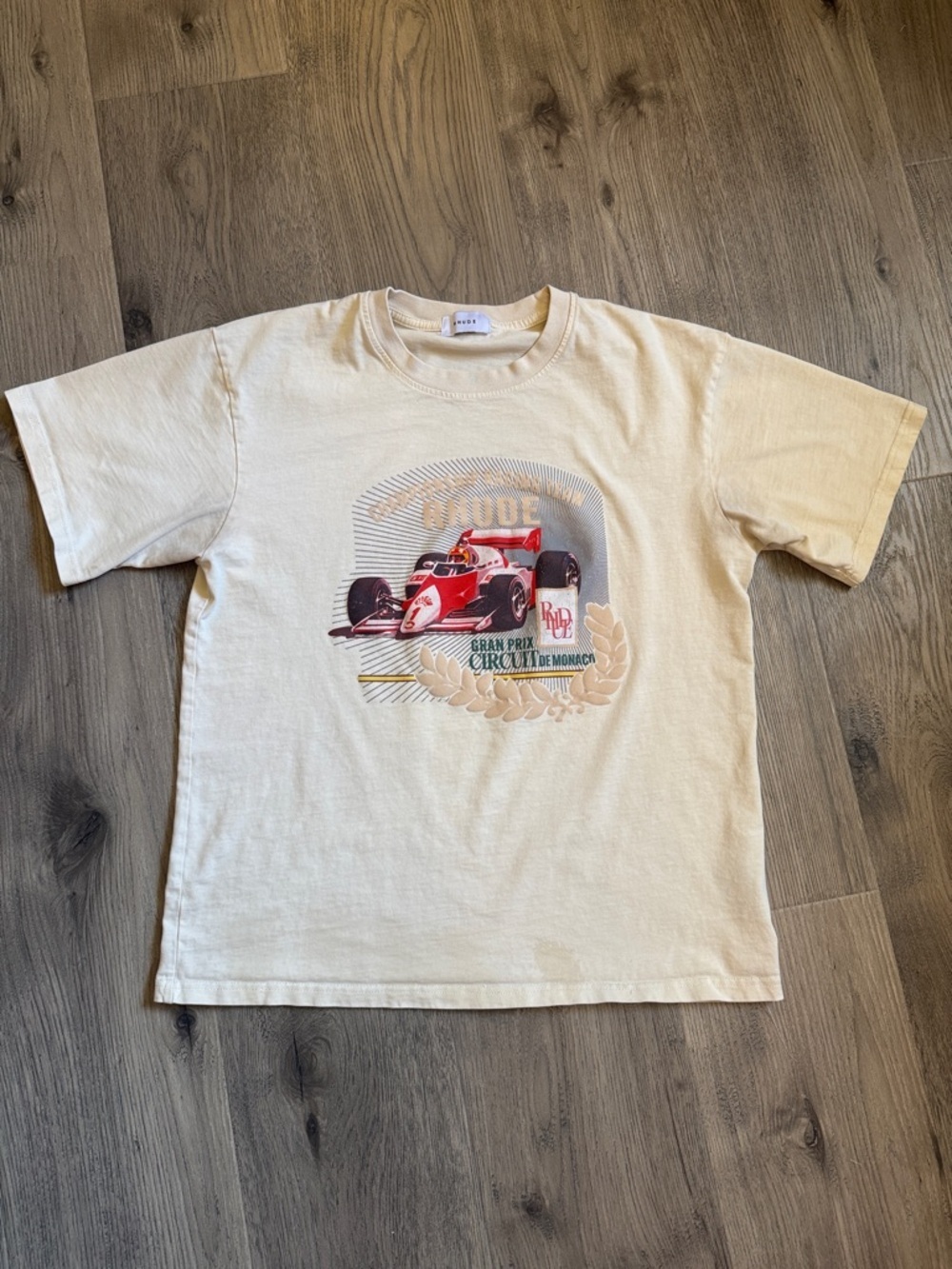 Rhude Cream Short-Sleeve Tee with Red Race Car Graphic